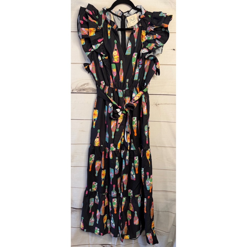 Fantastic Fawn Champagne Bottle Print Ruffle Jumpsuit Black Lg Wide Leg Tiered